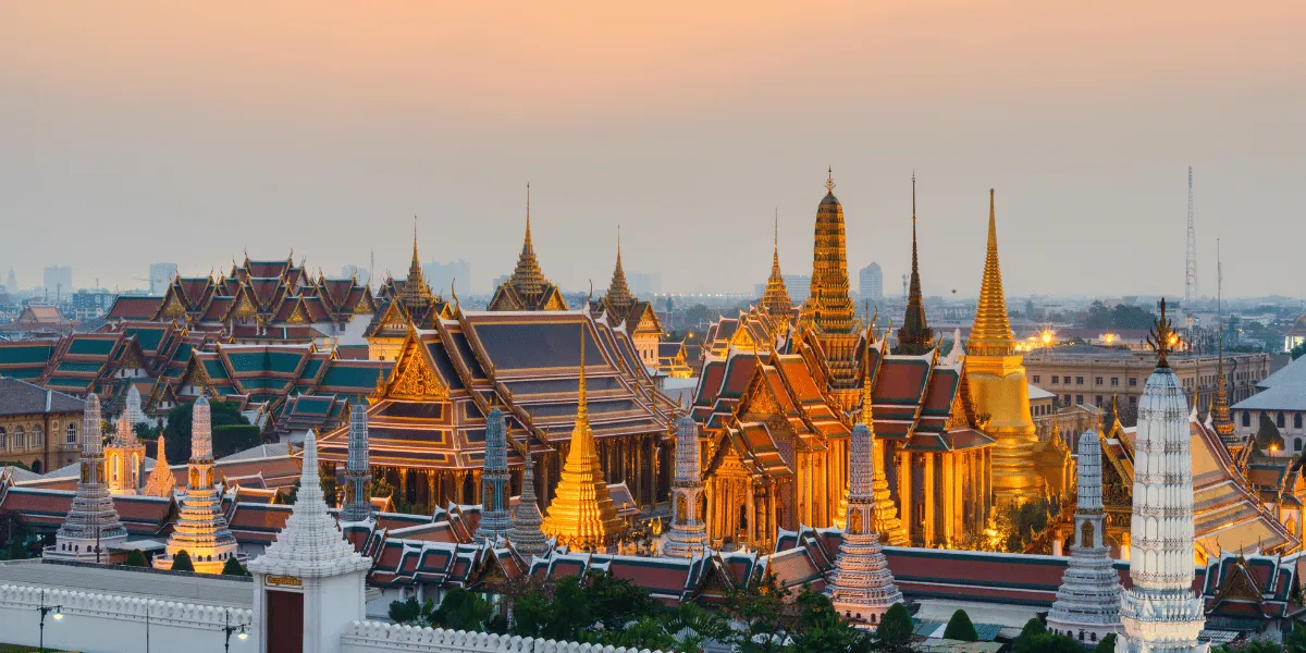 The Grand Palace and Temple of the Emerald Buddha at dusk, Bangkok